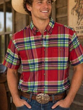 Wrangler Twenty X Men’s Size Sm
Plaid Button Down Short-sleeve Shirt 100% Cotton